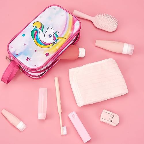 Toiletry Bag for Girls - Kids Toiletry Bag Christmas Birthday Gift Camping Travel Toiletry Case Toiletries Makeup Cosmetic Pouch Pink Water-resistant Wash Bag Dopp Kit with Mesh Pocket - style: Unicorn B