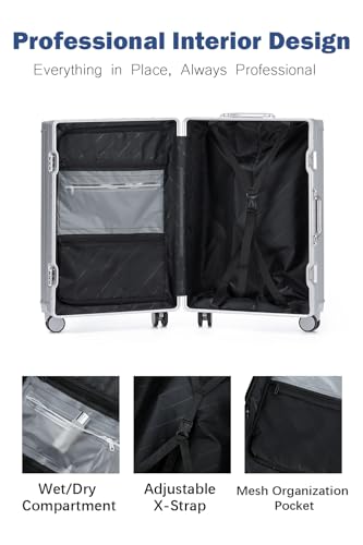 HotWay 26 Inch Aluminum Frame Luggage with Spinner Wheels, PC Hard Shell Suitcase with Cup Holder, Zipperless Luggage for Business Travel, Silver - color: Silver (PC+Aluminum), size: Checked in 26inch