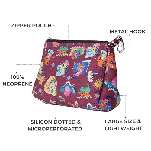 POPUPS Large Makeup Bag with Zipper - Waterproof Neoprene Cosmetic Bag 7.7 x 10.75 x 5 inches - color: Print Construyendo Futuros-Burgundy