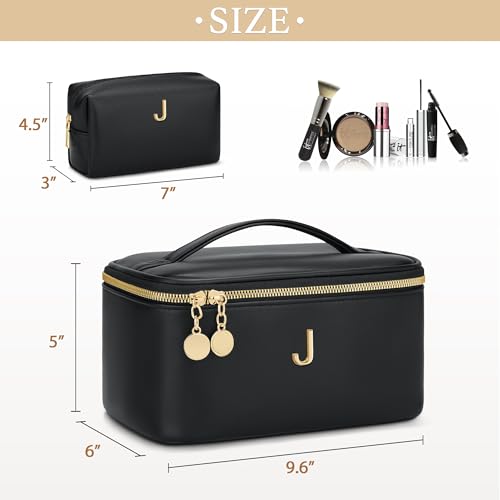 Personalized Initial Makeup Bag Gifts for Women, Large Travel Cosmetic Organizer with Handle & Divider, PU Leather Toiletry Bag for Girls, Birthday Bridesmaid Gift Set - Black - J - color: Black, style: J