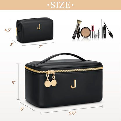 Personalized Initial Makeup Bag Gifts for Women, Large Travel Cosmetic Organizer with Handle & Divider, PU Leather Toiletry Bag for Girls, Birthday Bridesmaid Gift Set - Black - J - color: Black, style: J