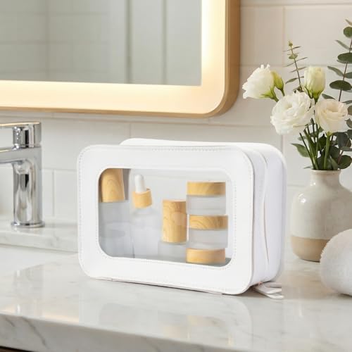 Glass Travel Bottles for Toiletries - 19pcs Skincare Travel Containers with PU Leather Toiletry Bag, Pump Spray Bottle Cream Jar Leak Proof Mini Makeup Containers for Serum Moisturizer Toner