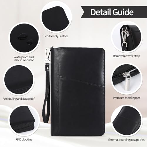 Leather Passport Holder Family, RFID Blocking Passport Wallet, Travel Essentials Premium Wallets - color: Black