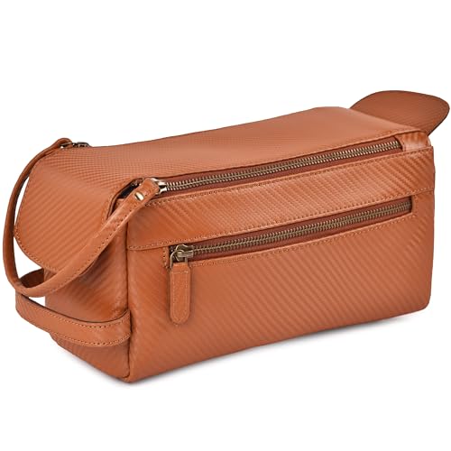 LEATHER VILLAGE Genuine Carbon Fiber Genuine Leather Travel Toiletry Bag - Large Dopp Kit, Water-Resistance Bathroom Kit & Shaving Organizer for Men & Women - Tan - color: Carbon Tan