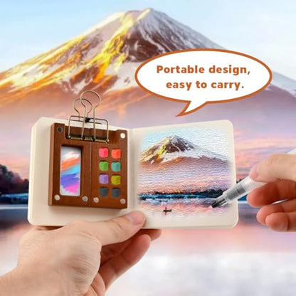 Mini Watercolor Travel Set (9-Piece), 8-Grid Walnut Palette with 12 Watercolor Paints, Mini Sketchbook, 6 Brush Pens and Metal Clip, Pocket Painting Kit for Outdoor Sketching and Travel