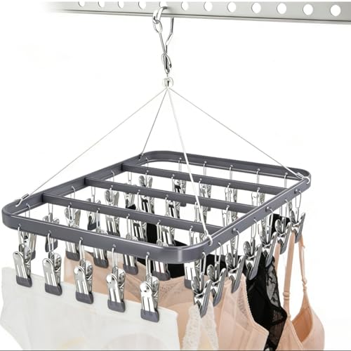 Pants Hanger Clothes Drying Racks Clip Hangers Metal with 36 Clips Windproof Hook Underwear Hanger Foldable Laundry Clip forJeans Yoga Leggings Trousers Socks Bras (Grey) - color: Gray