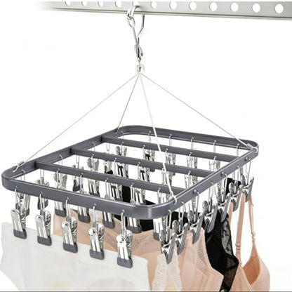 Pants Hanger Clothes Drying Racks Clip Hangers Metal with 36 Clips Windproof Hook Underwear Hanger Foldable Laundry Clip forJeans Yoga Leggings Trousers Socks Bras (Grey) - color: Gray