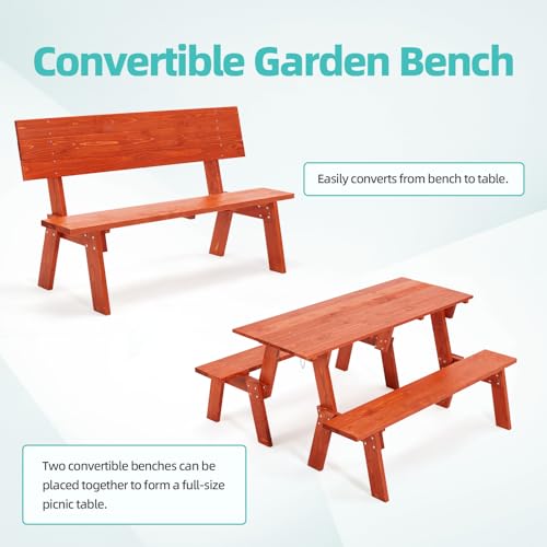 AVAWING Outdoor Convertible Bench, 2-in-1 Transforming Picnic Table Bench, Wooden Garden Bench for Backyard, Porch, Patio, Tangerine
