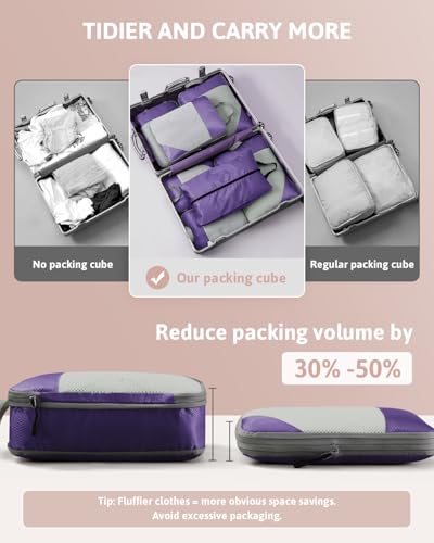 Meowoo 7 Set Compression Packing Cubes for Travel, Durable Ripstop Mesh Suitcase Organizer with Shoe Bag, Ultralight & Expandable Space Saver Travel Cubes - color: Purple