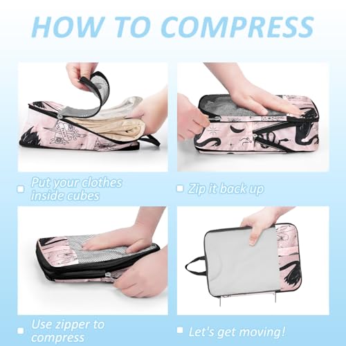 Boho Compression Packing Cubes Set (7 Piece) - Sun Moon Stars Travel Organizer Bags Travel Essential Bag for Clothes Shoes Cosmetics Toiletry - color: Black-11