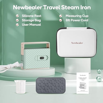 Newbealer 100-240V Travel Steam Iron, 2in1 Handheld Steamer, 120ml (Green) | Compact for Global Trips & Vacations, Non-Stick Ceramic Soleplate, Heats in 20s, 360° Steaming Anti-Spill, Auto-Off, 1.5 lbs - color: Green