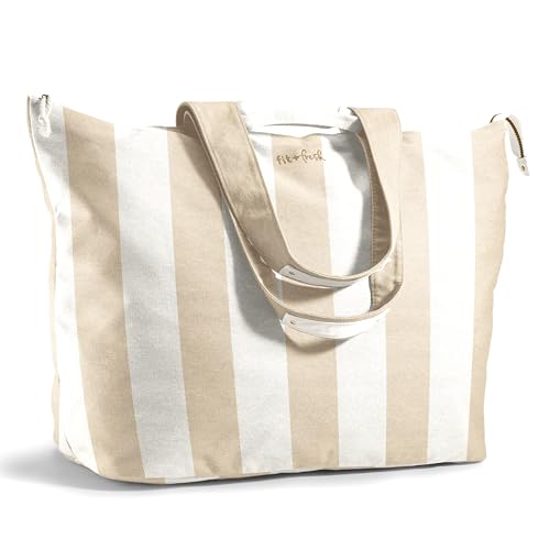 Fit & Fresh XL Beach Tote Bag for Women – XL Travel Tote with Zipper & Pockets, Oversized Canvas Pool Bag, Weekender Carry-On - color: Taupe Stripe