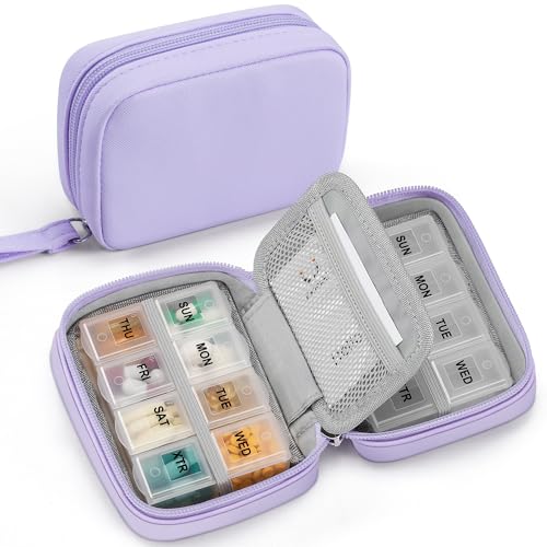 Zannaki Cute Pill Organizer for Purse with Two Removable 7-Day Pill Box, Travel PU Leather Pill Case, Portable Weekly Pill Container with Storage Bag to Hold Vitamins, Fish Oils, Supplements (Purple) - color: Purple
