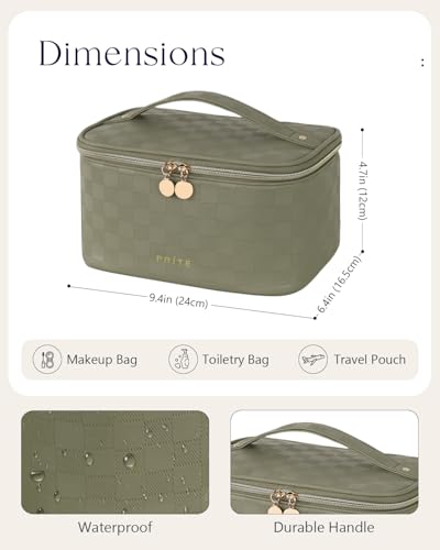 Prite Makeup Bag, Large Capacity Cosmetic Bag for Women and Girls, Waterproof PU Leather Travel Case with Handle, Divider for Skincare and Brushes - Checkered Green - color: Checkered Green