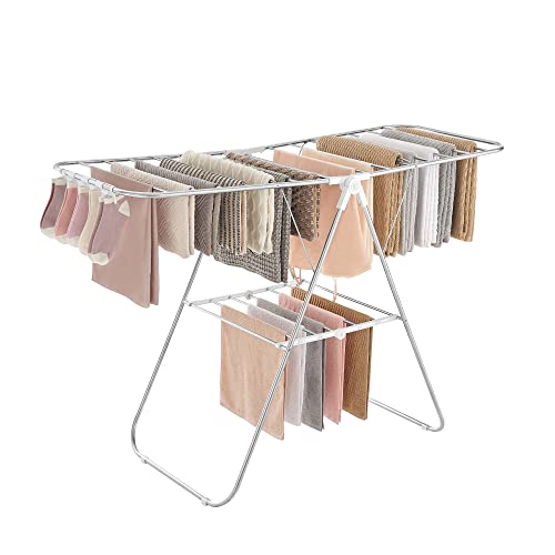 SONGMICS Clothes Drying Rack, with Sock Clips, Metal Laundry Rack, Foldable, Space-Saving, Free-Standing Airer, with 2 Height-Adjustable Gullwings, Indoor Outdoor Use, Silver and White ULLR052W01 - color: Silver + White, size: 1 Tier （21.7"d x 58.3"w x 39