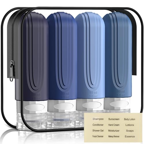 Travel Bottles for Toiletries, 3oz TSA Approved Travel Size Toiletries, Silicone Leak-Proof Refillable Containers, Squeezable Liquid Essentials Bottles W/Clear Bag (BLUE) - color: BLUE
