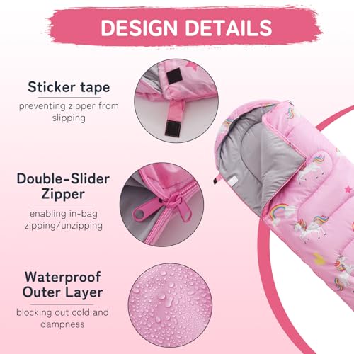 tuphen Kids Sleeping Bag - 50-77℉ 3-Season Waterproof Sleeping Bag for Boys & Girls, Lightweight 2.2 lbs Camping Gear with Compression Bag Ideal for Camping, Hiking, Indoor - color: Pink
