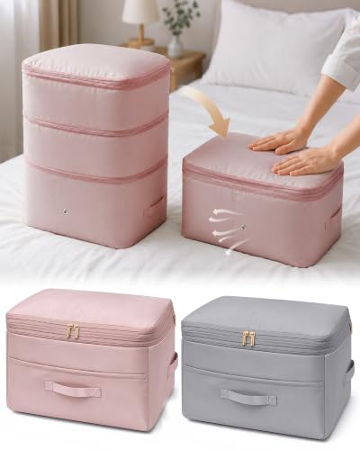 Ultra Space Saving Self Compression Organizers, 2 Pack Double Zipper Compression Packing Cubes for Bedding, Comforter Storage Bag for Blankets Duvet Quilts Pillows Queen King (Gray & Pink X-Large) - color: Gray&Pink, size: 2 Pack (X-Large)