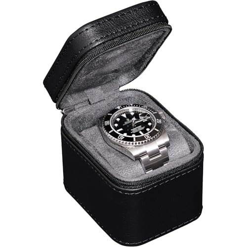 ROTHWELL Single Watch Travel Case | Compact PU Leather Protective Box with Microsuede Interior | Fits Watches & Smartwatches Up to 55mm (Black/Grey) - color: Black /Grey