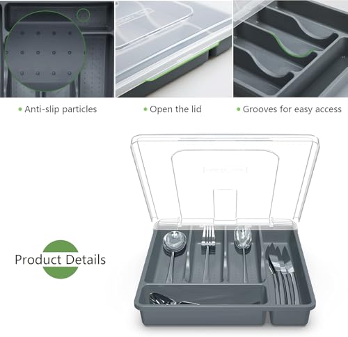 Utensil Holder for Countertop with Lid, Plastic Silverware Tray for Drawer (Gark Gray) - color: Gark Gray