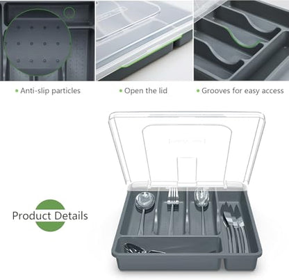 Utensil Holder for Countertop with Lid, Plastic Silverware Tray for Drawer (Gark Gray) - color: Gark Gray