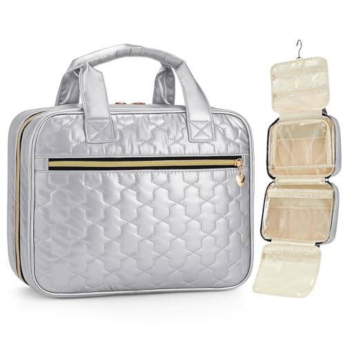 Travel Toiletry Bag, Hanging Makeup Organizer with Hook, Water-Resistant Cosmetic Bag, Fits Full-Size Shampoo & Conditioner Bottles, for Women & Men, Makeup Accessories & Brushes(Silver, Large) - color: Silver, size: Large