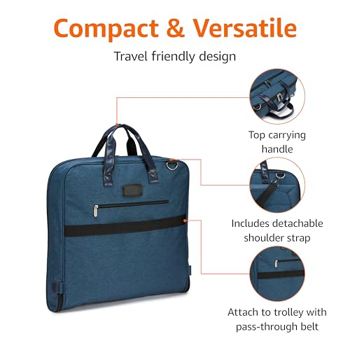 Amazon Basics Carry-On Garment Bag for Travel and Business Trips with Detachable Shoulder Strap, Hanging Suit Luggage, Wrinkle Free Cover for Suits Dresses Coats, Foldable with Shoe Compartment, Navy - color: Navy