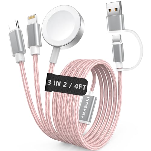 Travel Essentials,3 in 2 USB C Cable for Apple Watch Charger,iPhone Charger,Multi Charging Cable,Cruise Vacation Camping Essentials,Portable for iWatch Series 11-2/Ultra/SE & iPhone 17-12,Car,Pink - color: Pink, size: 1pack-4ft