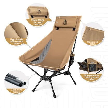 ONETIGRIS Tigerblade High Back Camping Chair with Pillow Design, Comfortable Widened Seat Folding Chair - color: Coyote Brown