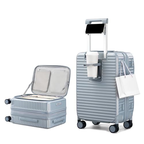 HanTrip 20 Inch Carry on Luggage 22x14x9 Airline Approved Hard Shell Suitcases with Wheels, Top Opening Expandable Carry on Luggage with Cup Holder Small Rolling Suitcase with Lock, Silver - color: Arctic Silver, size: Expandable 20 Inch
