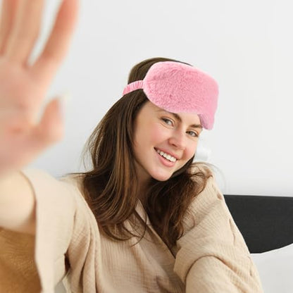 2 Pcs Plush Eye Mask Soft Sleeping Blindfold Eye Cover Comfortable Furry Faux Fur Sleeping Mask Satin Nap Night Eyeshade Cover for Women Men Gift (Pink) - color: Pink