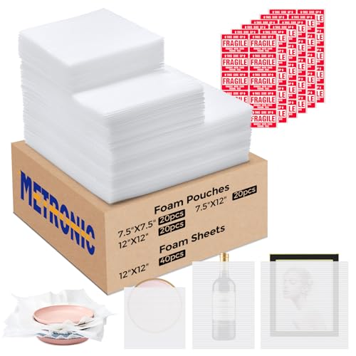 Metronic 100pcs Moving Supplies,Foam Pouches(12x12 20,7.5x12 20,7.5x7.5 20) and Sheets(12x12 40pc),Foam Wrap Cushioning Material,Packing Supplies for Storage and Shipping,Protect Dishes,Mug