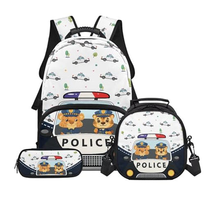 School Backpack for Boys,Police Car 3PCS School Backpacks for Primary Study, Lightweight Bookbag with Lunch Bag Bundle for Kids Teens Students - color: Police Car -1