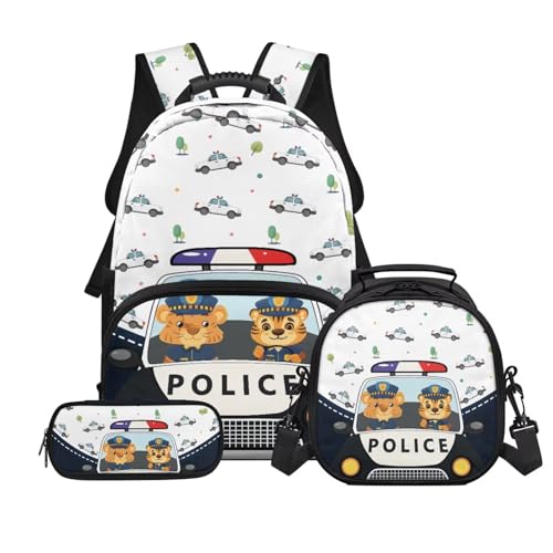 School Backpack for Boys,Police Car 3PCS School Backpacks for Primary Study, Lightweight Bookbag with Lunch Bag Bundle for Kids Teens Students - color: Police Car -1