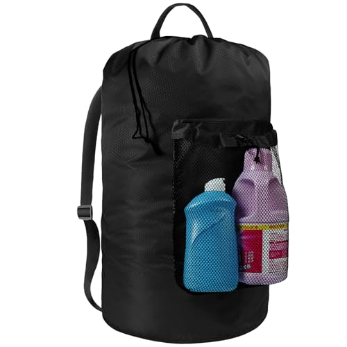 Laundry Bag with Shoulder Straps and Mesh Pocket Laundry Backpack Large Portable Laundry Hamper for College Travel, Laundromat, Apartment (Black) - color: Black