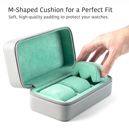 Watch Travel Case for Men | Leather Watch Case with 3 Slots | Perfect Travel Watch Organizer | Portable Watch Carrying Case - color: Grey / Turquoise