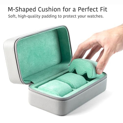 Watch Travel Case for Men | Leather Watch Case with 3 Slots | Perfect Travel Watch Organizer | Portable Watch Carrying Case - color: Grey / Turquoise
