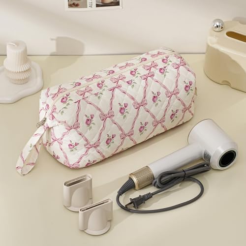 RSRSLEII Large Quilted Hair Tools Travel Bag with Bow Pattern,Hair Styling Accessories Storage Case for Flat Irons,Straightener,Curling Iron,Hair Dryer,Dyson Airwrap Travle Bag (07 Pink Bow) - color: 07 Pink Bow