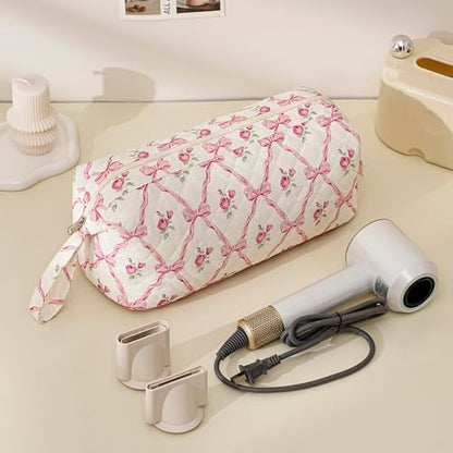 RSRSLEII Large Quilted Hair Tools Travel Bag with Bow Pattern,Hair Styling Accessories Storage Case for Flat Irons,Straightener,Curling Iron,Hair Dryer,Dyson Airwrap Travle Bag (07 Pink Bow) - color: 07 Pink Bow
