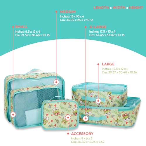 Sanrio's Hello Kitty Packing Cubes - 5 Piece Packing Cube Bags - Travel Essentials - Suitcase Luggage Organizer Set - Hello Kitty and Friends, My Melody, Kerromi, Kerropi, Badtz-Maru (Kerropi) - color: Green