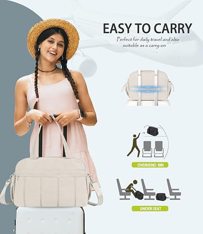 Lightweight Travel Duffle Bag for Women, Quilted Puffy Weekender with Wet Pocket for Gym, Overnight, Personal Item Carry On, Beige - color: Beige
