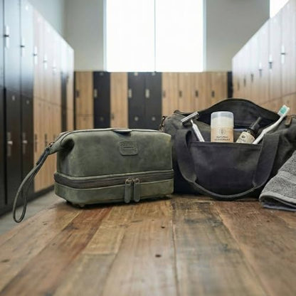 LEATHER VILLAGE Genuine Leather Dopp Kit – Large Travel Toiletry Bag with Waterproof Lining, Dual-Zip Design for Men & Women, Organizer for Shaving, Makeup & Essentials - Olive - color: Olive