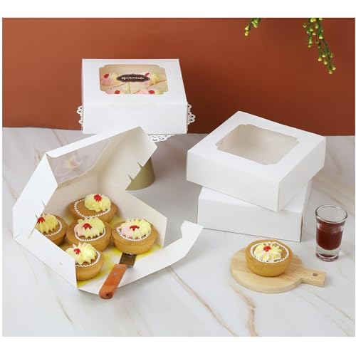 20 Pack Bakery Boxes with Window Small 6x6x2 inch for Cookie, Candy, Pastry, Brownie, Chiffon Cake, Tart, Pie, Waffle (White) - color: White