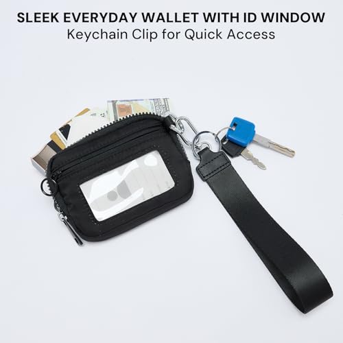 YDF The Iris Wallet for Women Mini Zip Card Case with Clear ID Window Zipper Coin Purse Lightweight Portable Keychain Wallet - color: Black