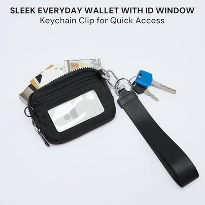 YDF The Iris Wallet for Women Mini Zip Card Case with Clear ID Window Zipper Coin Purse Lightweight Portable Keychain Wallet - color: Black