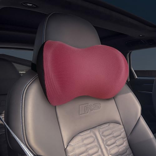 Super Great Car Headrest Pillow, Car Pillow for Neck Pain Relief with Adjustable Strap, 100% Memory Foam & Breathable Removable Cover, Ergonomic Design - Softness Travel Car Neck Pillow(Wine-Red, 1PC) - color: Red