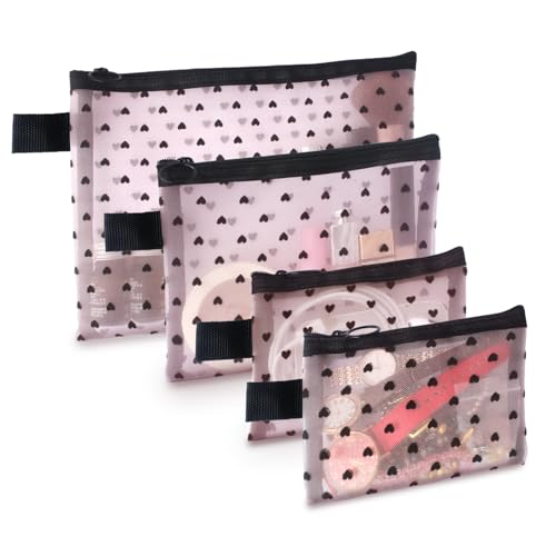 4-Piece Heart Printed Mesh Makeup Bag Set, Portable Travel Mesh Cosmetic Bags Toiletry Bags Makeup Purse Bags, Zipper Storage Pouches for Home Offices Travel Accessories (Pink) - color: Pink, size: 4PCS