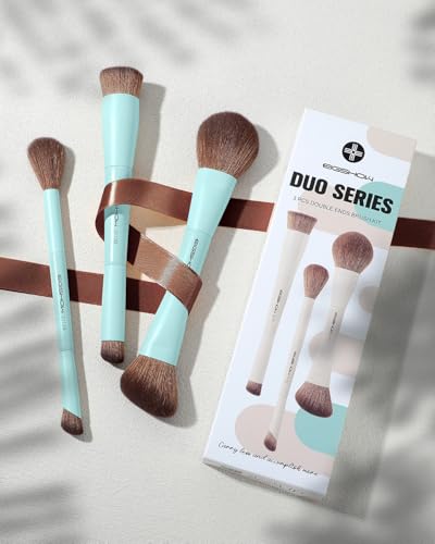 EIGSHOW Makeup Brush Set, 3Pcs Dual Ended Face Makeup Brushes for Foundation Powder Contour Highlight Concealer Nose Shadow, Travel Gift Set (Cyan) - color: Cyan