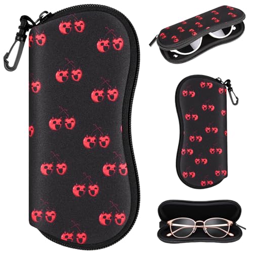 Sunglasses Case with Belt Clip, Ultra Light Neoprene Zipper Soft Padded Glasses Case for Women Men - color: Cherry Skull