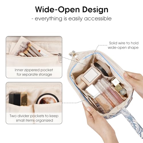Narwey Women Makeup Bag Wide-open Make up Bag Travel Cosmetic Organizer Toiletry Bag for Cosmetics Toiletries Accessories (Blue Leaf) - color: Y-Blue Leaf